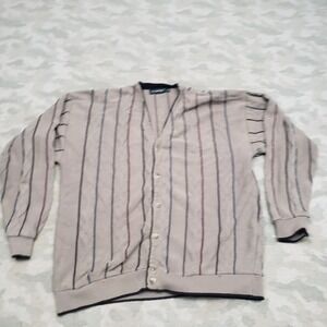 Vintage Carmel Sweater Men 2XL Gray Cardigan Striped Made USA Grandpa